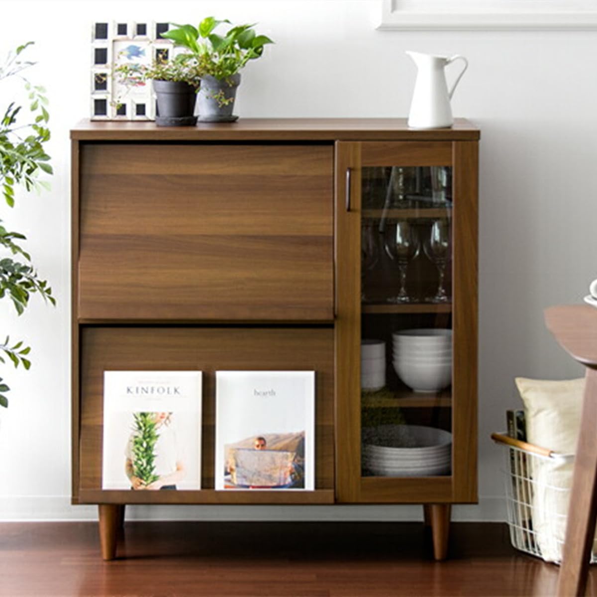 木製レンジ台 ダークブラウン フラップ扉収納付き Amazon｜ロータイプ 食器棚 キッチンキャビネット レンジ台 大型対応